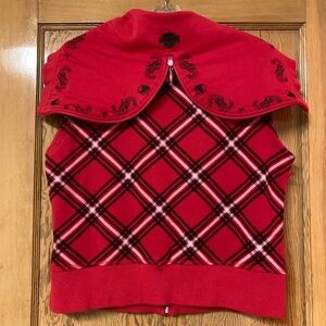 Harley-Davidson Red Plaid Hooded Biker Vest Split Zip Hood M/L Embroidered